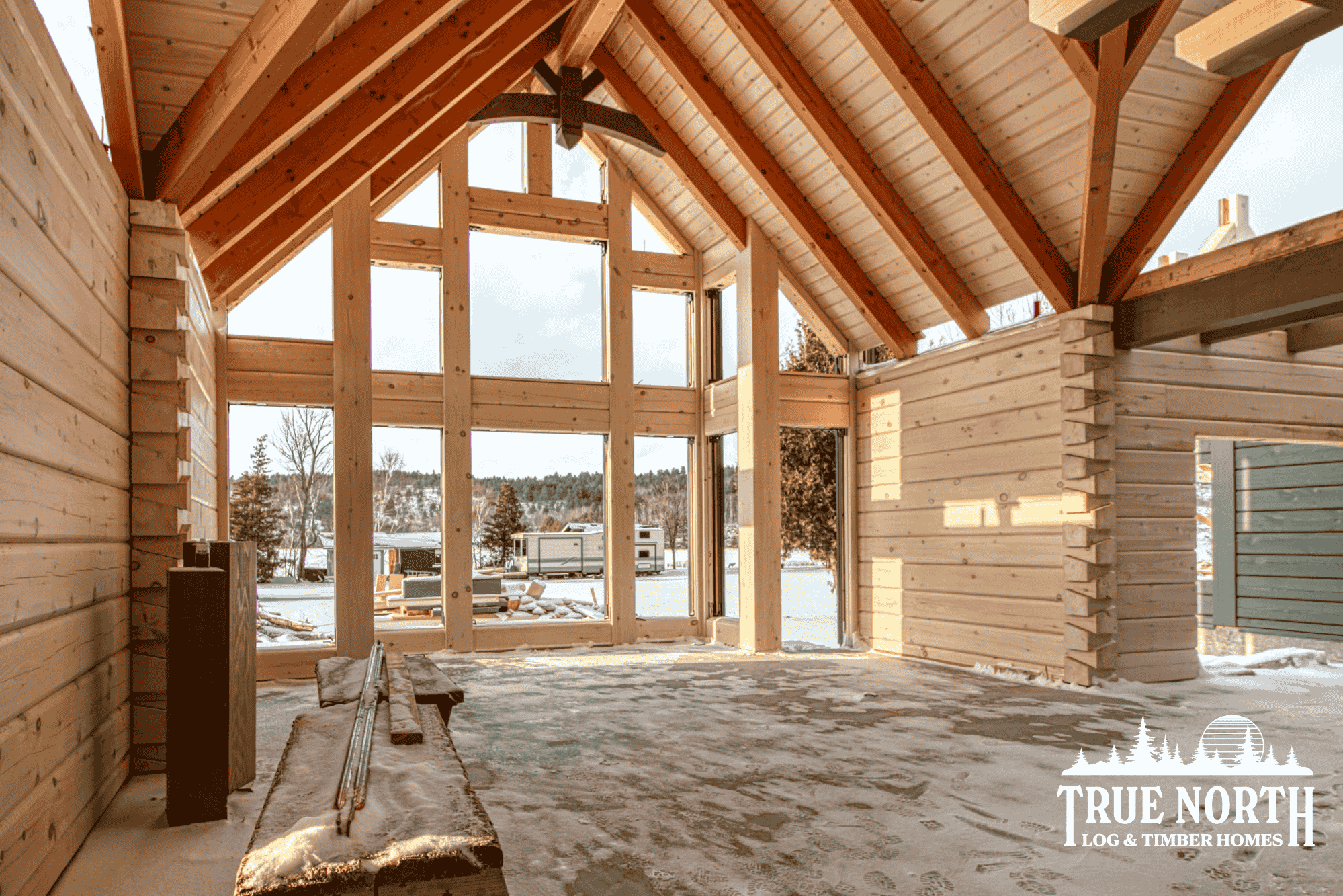 An in-progress 10,000 sq. ft. log and timber home under construction in Sudbury, Ontario